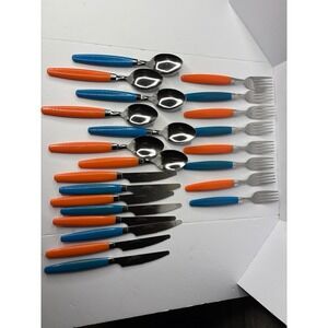 VTG Gibson 22pc Flatware Set Stainless Steel Blue Orange Plastic Handles 219